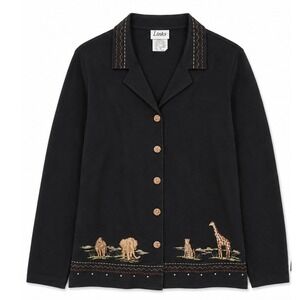 Links Women Black Safari Chic Novelty Embroidered Wildlife Button Top 1X 8Y87